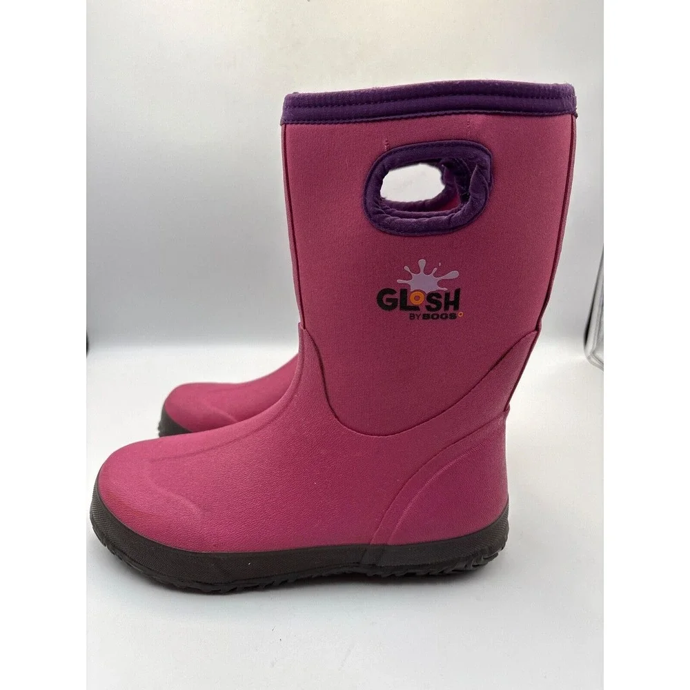 Glosh Bogs Girls 5 Pink Rubber Rain Snow Boots‎ Purple Trim Waterproof Pull-On